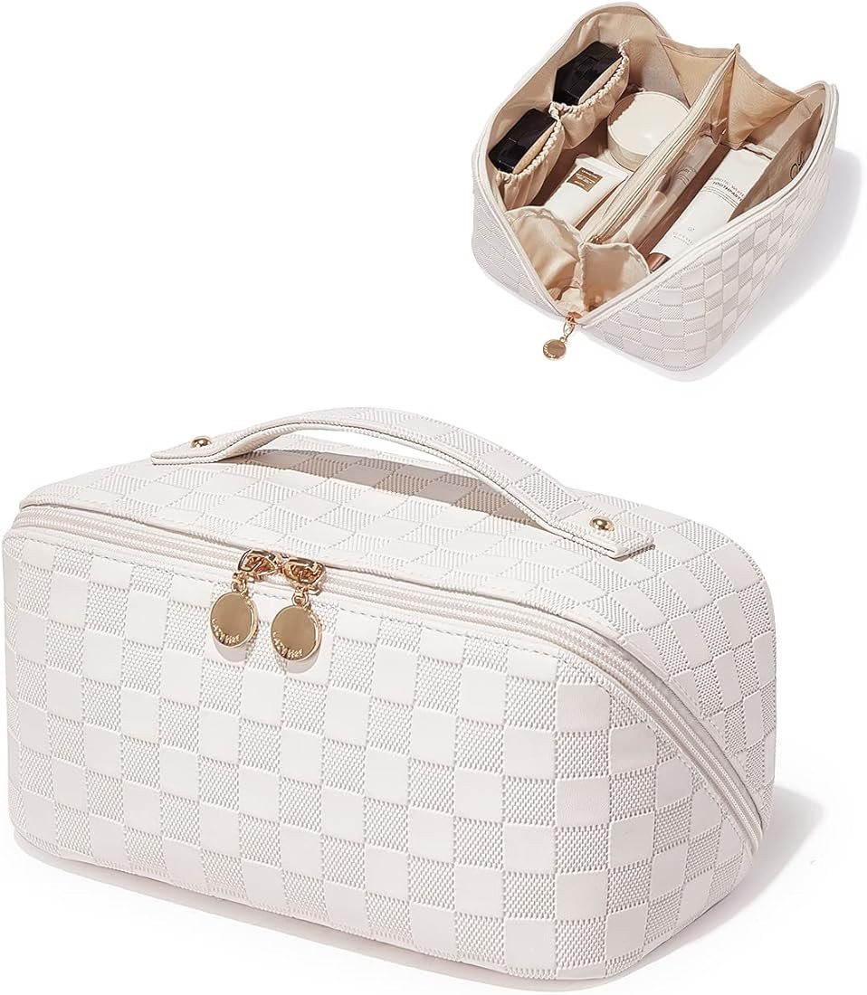 EACHY Travel Makeup Bag,Large Capacity Cosmetic Bags for Women,Waterproof Portable Pouch Open Fla... | Amazon (US)