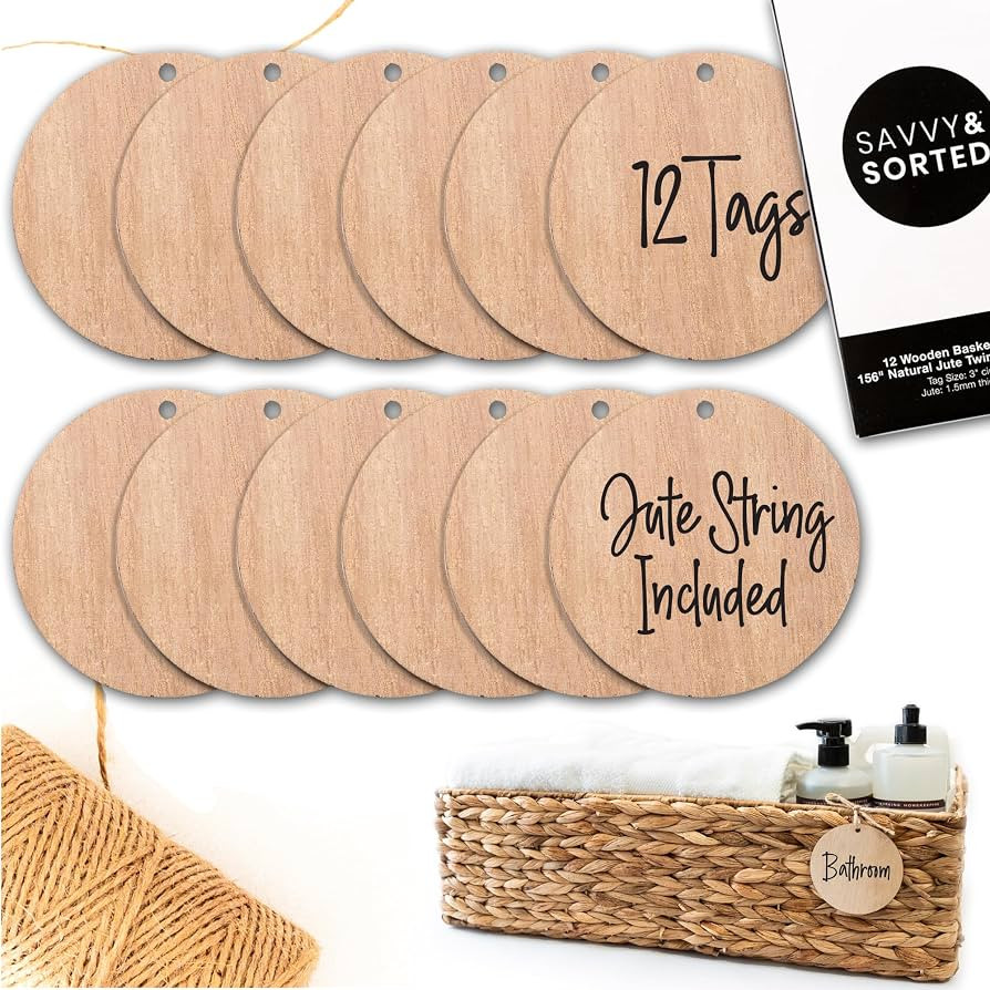 SAVVY & SORTED 12 Round Wooden Ornament Basket Tags for Storage Bin, 3\u201d Wood Bin Labels with... | Amazon (US)