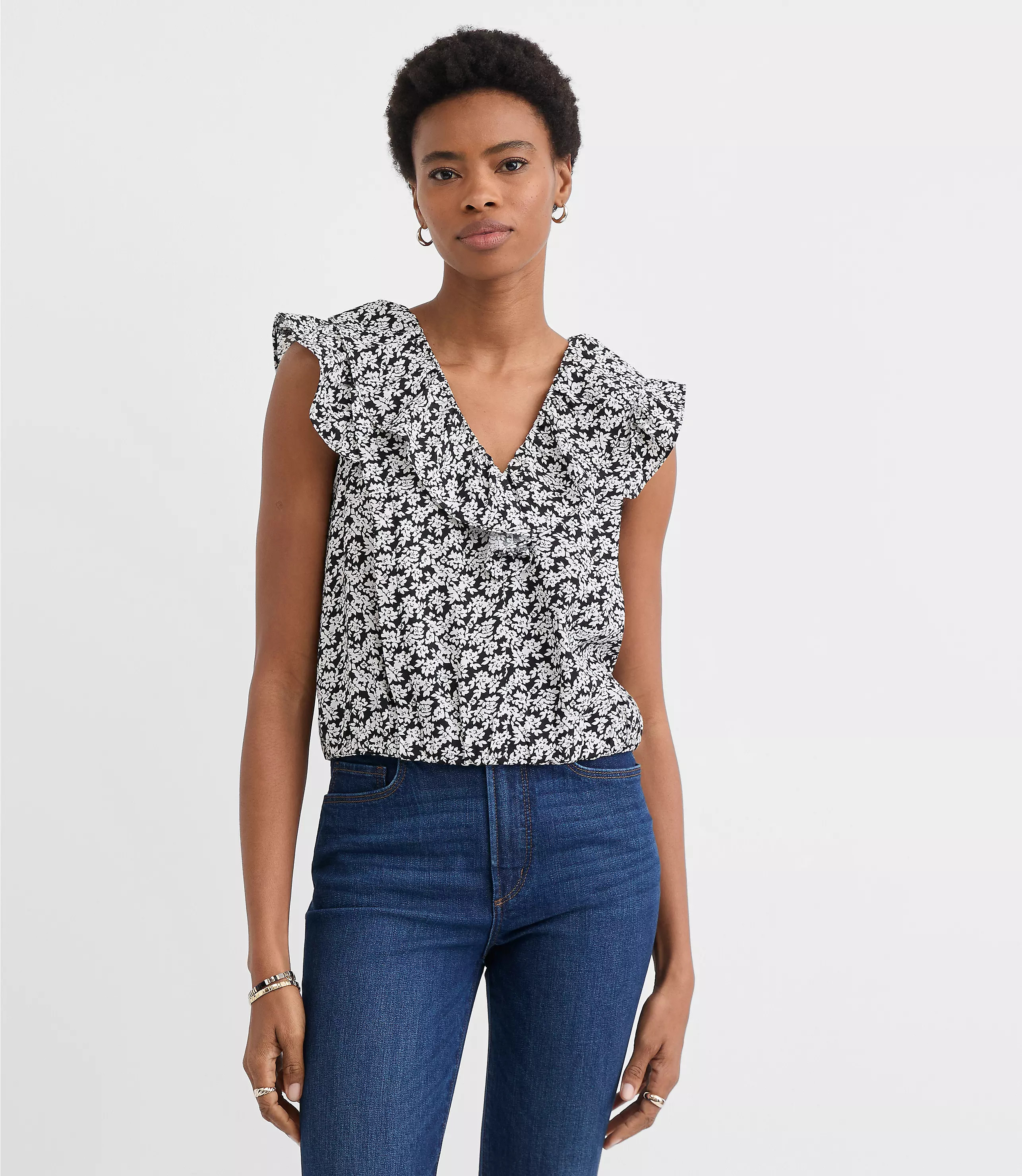 Floral Ruffle V-Neck Top | LOFT