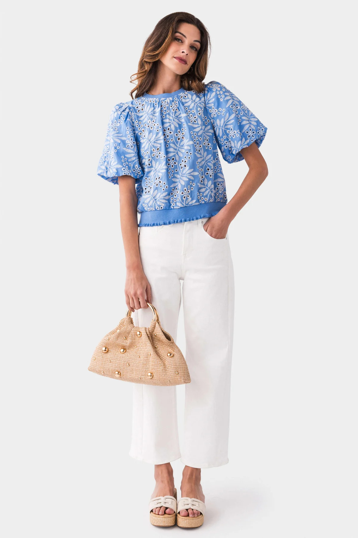 Voy Leaf Embroidered Eyelet Bubble Sleeve Top | Social Threads