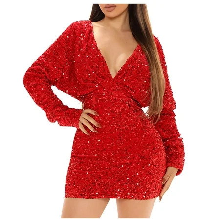 ylioge Dresses for Women Party Womens Sequin Dress Elegant Shiny Casual Loose Long Puff Sleeve V Neck Solid Color High Waist with Pleated Hem Mini Dress Fall Saving Clearance | Walmart (US)