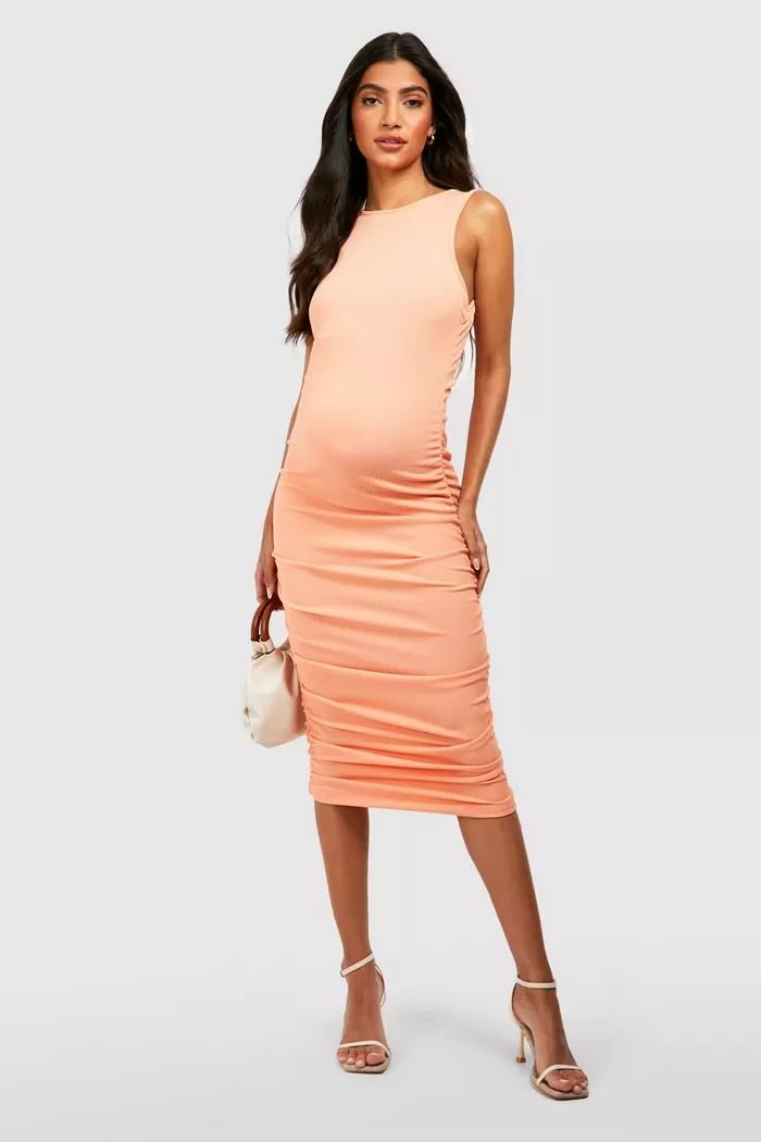 Maternity Crinkle Rib Ruched Racer Neck Bodycon Dress | boohoo (US & Canada)