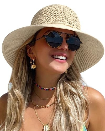 FURTALK Womens Summer Straw Beach Sun Hat Wide Brim Handmade Crochet Hats Beige, Medium | Amazon (US)