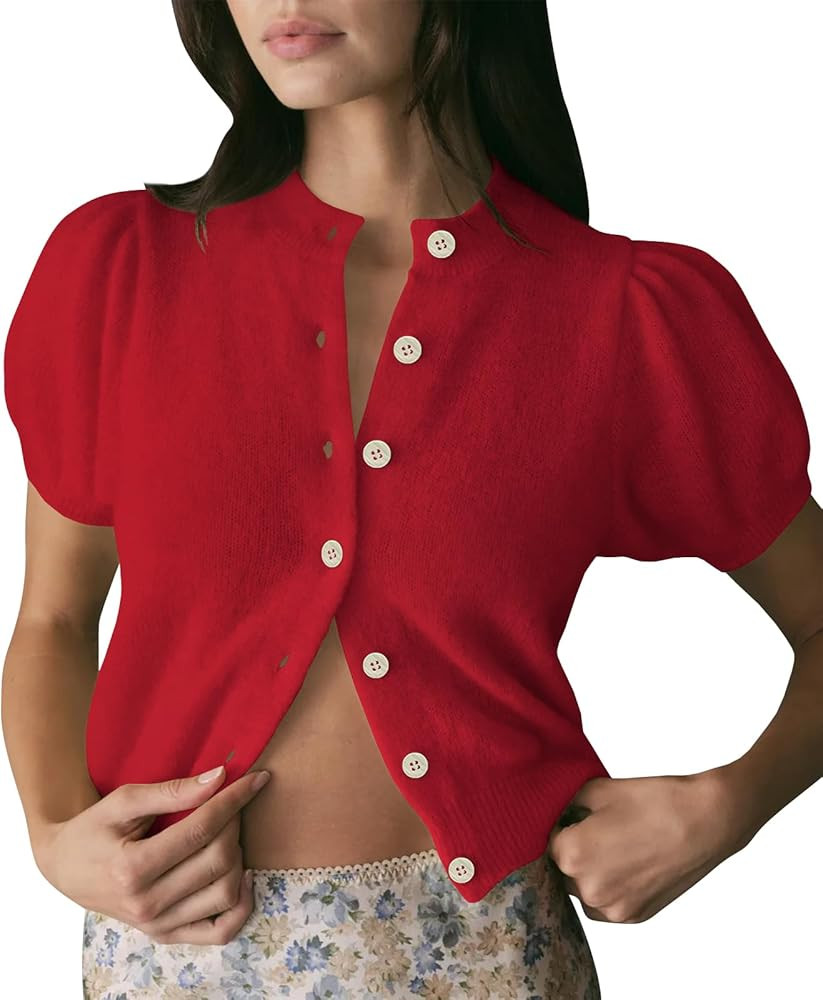 Womens Lightweight Summer Puff Short Sleeve Cardigan Sweaters Button up Y2k Knit Thin Cropped Car... | Amazon (US)