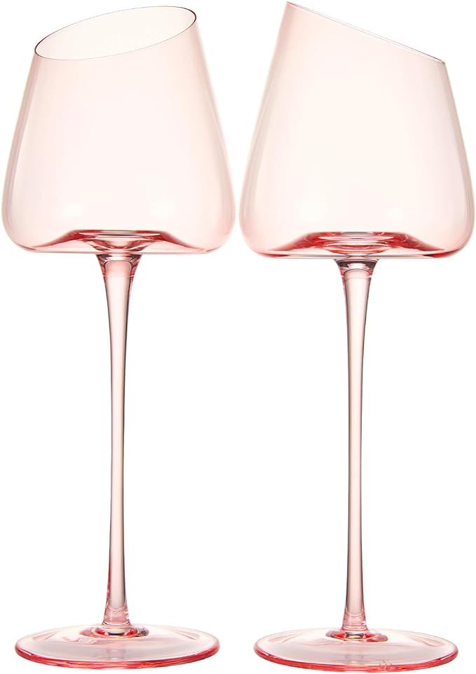 Khen Pink Wine Glasses Gift | Set of 2 | Blush Colored 18oz Slanted Glassware, Tall Stemmed Glass... | Amazon (US)