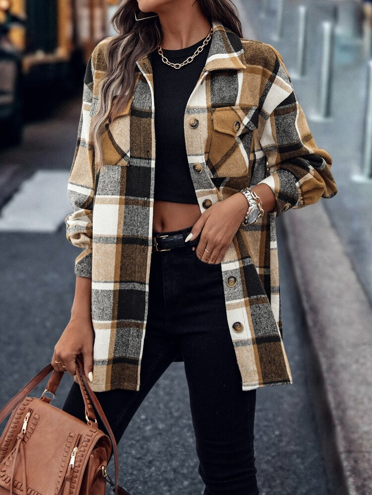 Plaid Print Drop Shoulder Coat | SHEIN