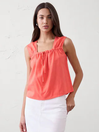 Linen-Blend Tied Popover Top | Banana Republic Factory