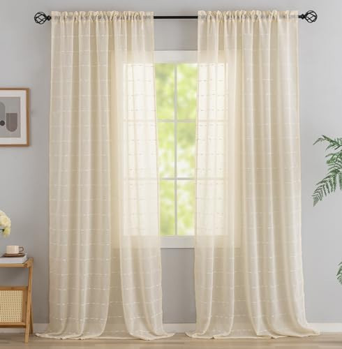 Conkov Ivory Sheer Curtains 96 Inches Long Boho Farmhouse Curtains for Living Room,Modern Style with White Striped Pattern,Light Filtering Neutral Panel Drapes for Bedroom Cottage Window, 52"W X 96"L | Amazon (US)