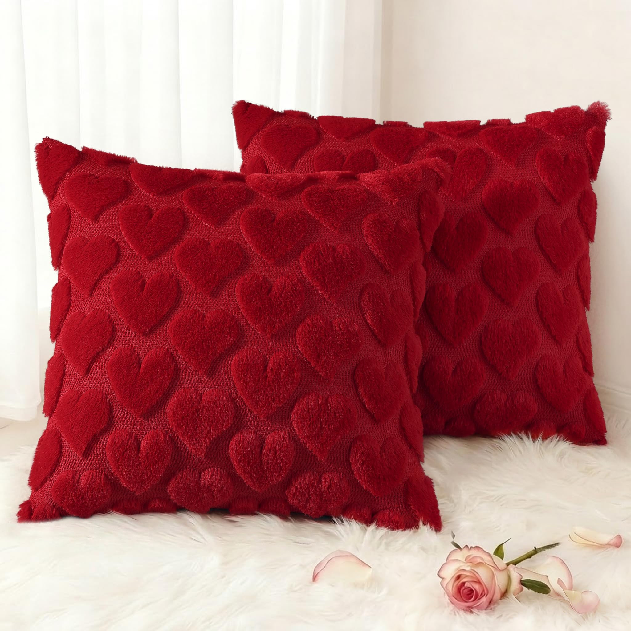 decorUhome Valentine’s Day Soft Plush Throw Pillow Covers 20x20 Inch Set of 2, Faux Fur Red Hea... | Amazon (US)
