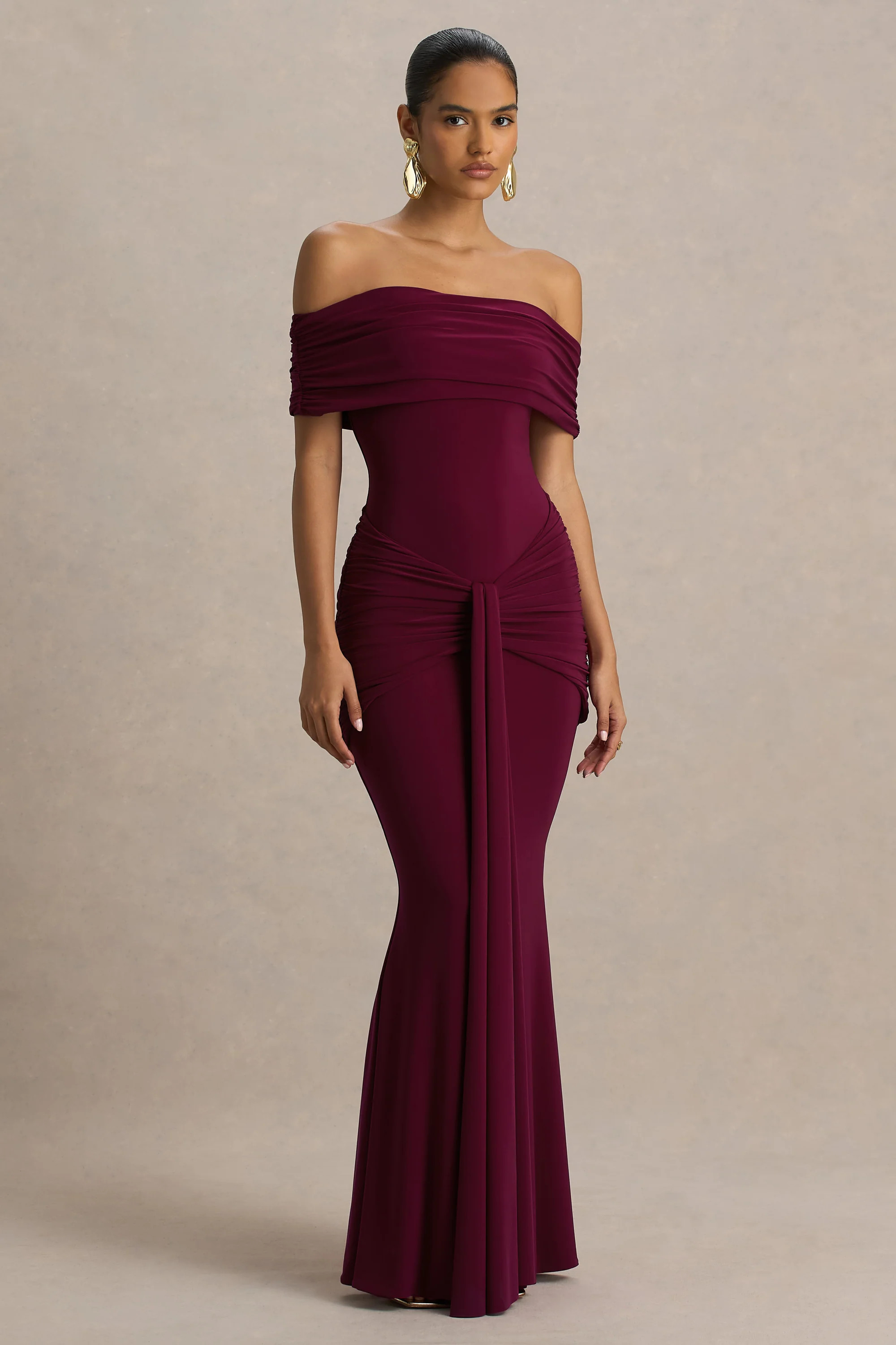Envisioned | Burgundy Bardot-Neck Maxi Dress With Gathered And Drape Detail | Club L London