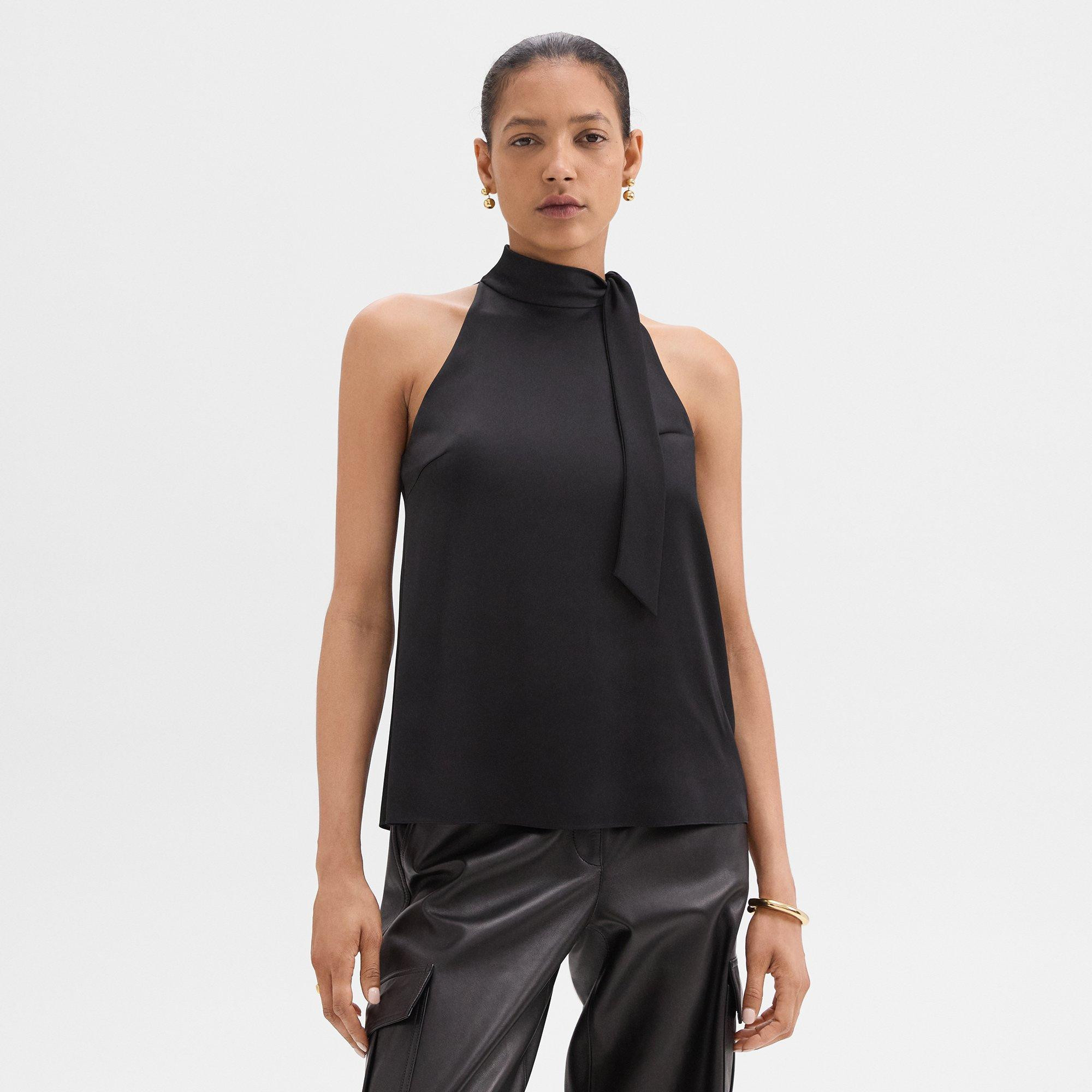 Tie-Neck Halter Top in Textured Satin | Theory