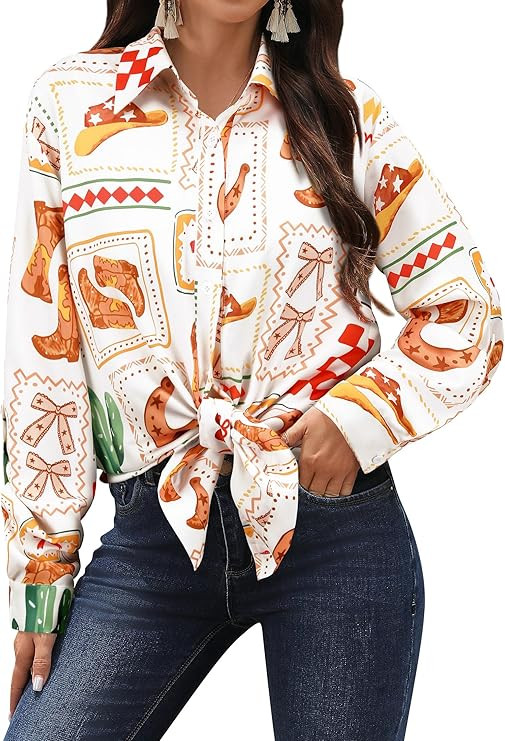 MYMORE ❷⓿❷❻ Women's Western Cowgirl Graphic Button Down Shirt Long Rolled 3/4 Sleeve Flor... | Amazon (US)