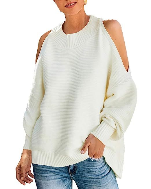 PRETTYGARDEN Women's Loose Batwing Sleeve Baggy Solid Crewneck Cold Shoulder Pullover Sweater Kni... | Amazon (US)