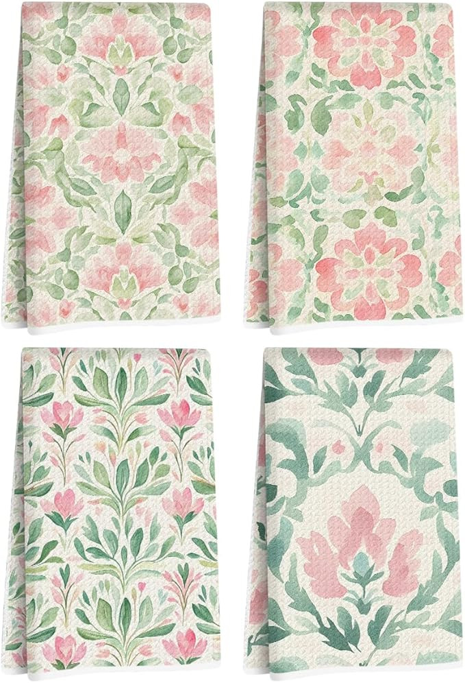 4 Pcs Watercolor Floral Kitchen Towels, Artistic Pink Green Decorative Absorbent Microfiber Dish ... | Amazon (US)