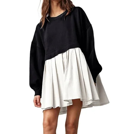 LTTVQM Long Sleeve Dress for Women Oversized Pleated Sweatshirt Dress Casual Crewneck Long Sleeve Patchwork Pullover Top Color Block Relaxed Fit Sweatshirts Mini Dress Black XS | Walmart (US)