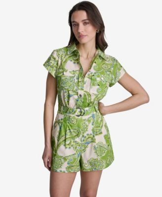 Bcbg Women's Printed Belted Collared Short Romper - Green | Macy's