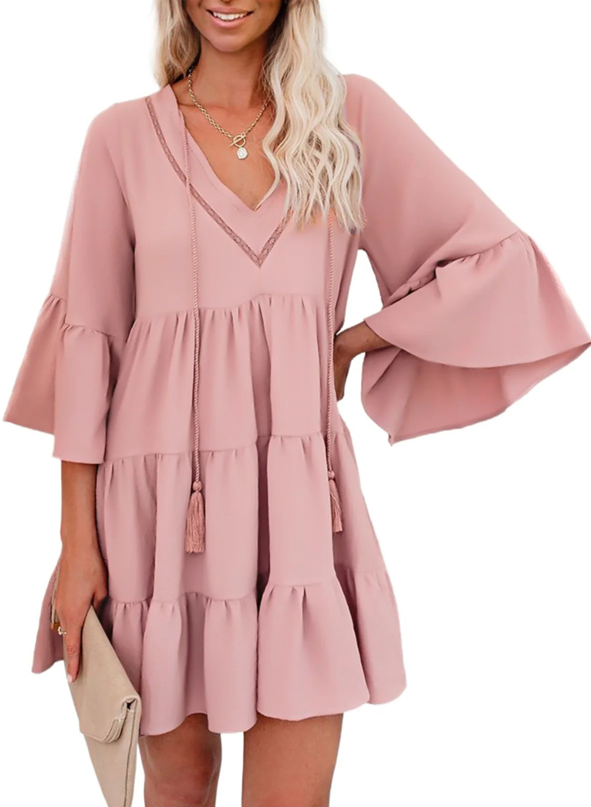 Dokotoo Women's Pink Tassel Swing Mini Dresses V Neck Tunic Dress Loose Flowy Casual Bell Sleeve ... | Walmart (US)