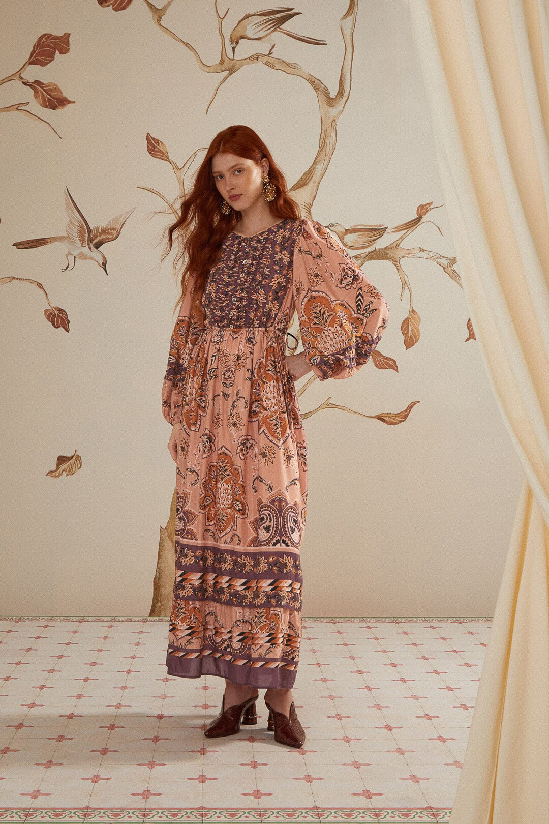 Glam Tapestry Burgundy Long Sleeve Maxi Dress, GLAM TAPESTRY BURGUNDY / S | FarmRio (US)