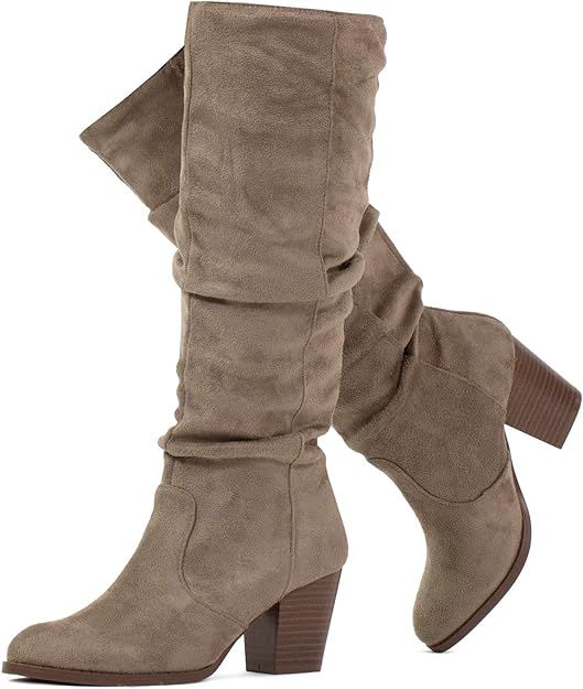 Amazon.com | RF ROOM OF FASHION Women's Stacked Heel Slouchy Knee High Boots (Regular Calf) TAUPE... | Amazon (US)