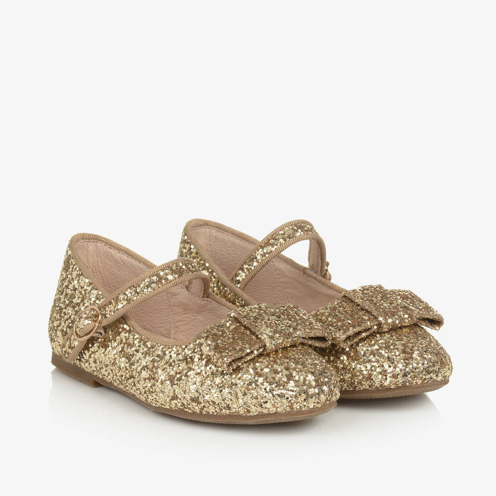 Girls Gold Glitter Bow Pumps | Childrensalon