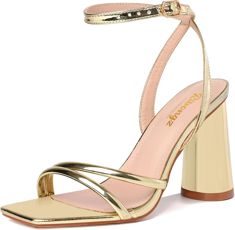 RIBONGZ Heeled Sandals for Women Strappy High Heels Square Open Toe Ankle Strap Chunky Heeled San... | Amazon (US)