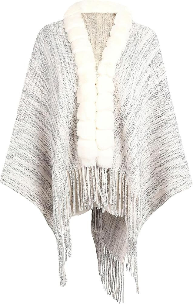 Womens Open Front Tassles Knitted Cardigan Cape Sweater Vest Faux Fur Collar Fringed Oversized Ki... | Amazon (US)