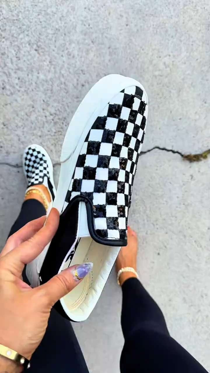 Sequined Vans of my dreams 🖤☁️ #vans #checkeredvans #sliponvans #vansshoes #ad @vans  

 #LTKootd #LTKWorkwear #LTKTravel