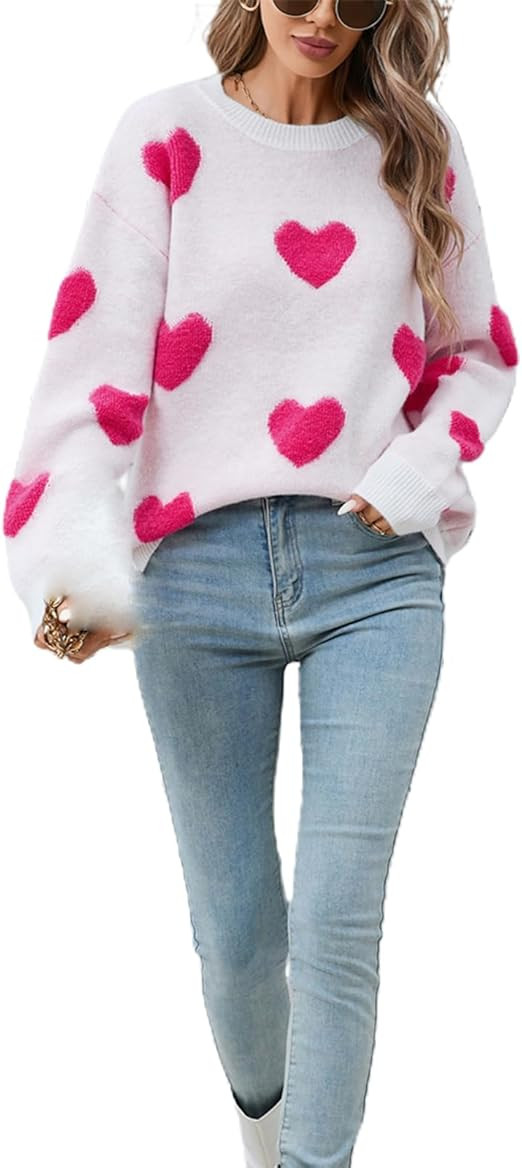 Women Y2k Valentines Oversized Knit Sweater Heart Print Long Sleeve Crew Neck Loose Pullover Tops... | Amazon (US)