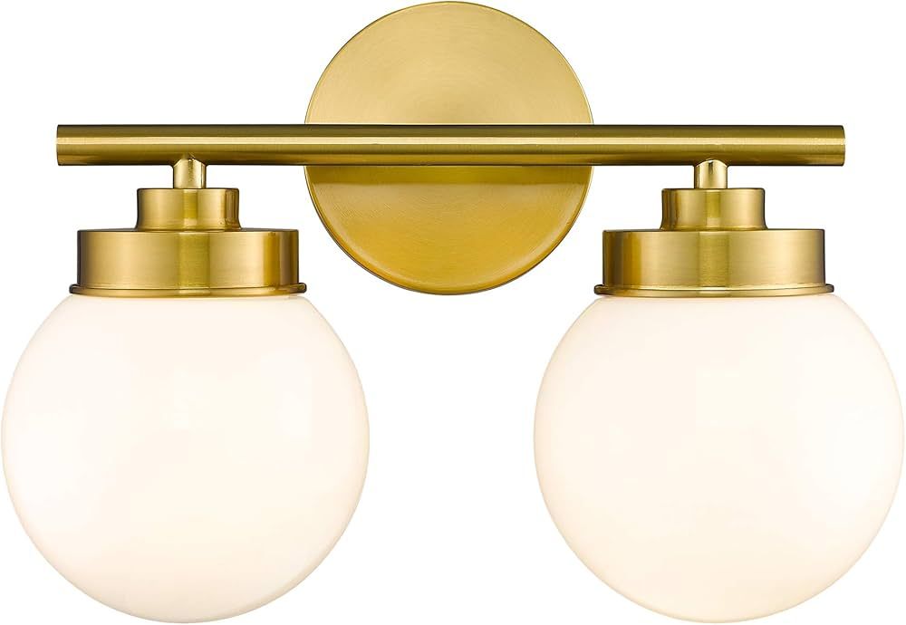 LMS Gold Bathroom Light Fixtures, 2 Light Globe Bathroom Vanity Light Fixtures with White Glass S... | Amazon (US)