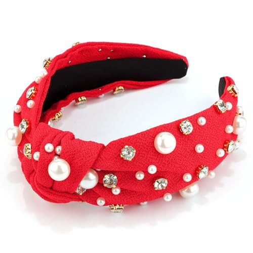 VELSCRUN Red Pearl Knotted Headbands - Rhinestone Crystal Hair Accessories for Women, Girls, Sisters, and Mothers | Amazon (US)