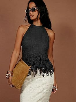 SweatyRocks Women's Boho Fringe Halter Tops Open Back Knit Crochet Tank Top | Amazon (US)