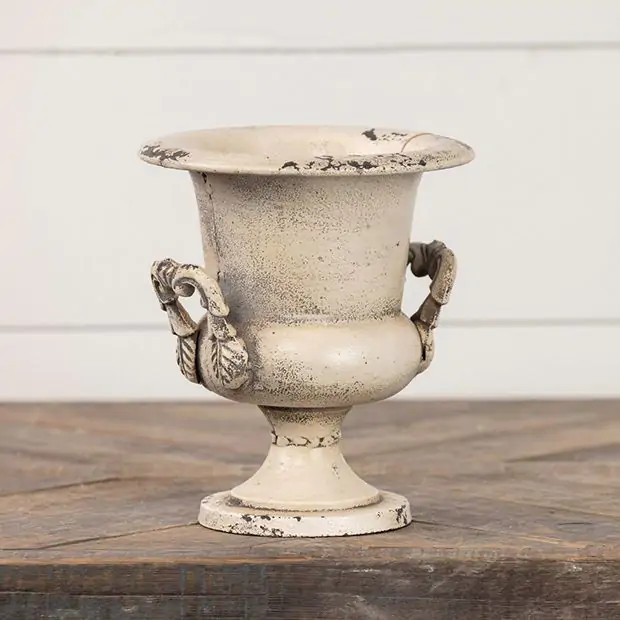 Aged White Metal Decorative Urn | Antique Farm House
