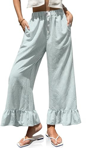 TARSE Women’s Plaid Wide Leg Pants Linen Flared Leg Baggy Drawstring Ruffle Palazzo Pants with Pockets(LightGrayBluePlaid, XL) | Amazon (US)