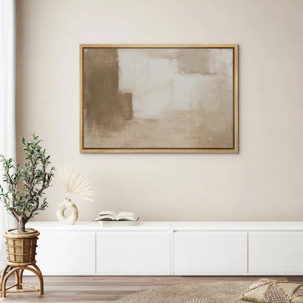 Neutral Color Block Abstract Canvas Wall Art, Minimalist Beige and White Framed Print for Modern ... | Wayfair North America