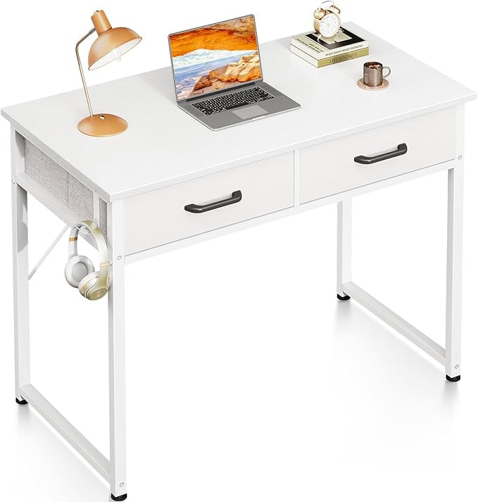 ODK Small Desk with Fabric Drawers- for Bedroom, White Vanity Desk with Storage, Home Office Comp... | Amazon (US)