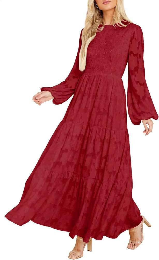 MITILLY Women's Elegant Floral Long Sleeve Round Neck Smocked A-Line Flowy Tiered Maxi Dress with... | Amazon (US)
