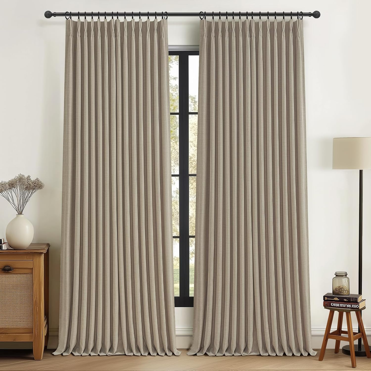 Pinch Pleated Drapes Linen Room Darkening Curtains 96 Inches Long for Bedroom, Taupe Black Out Floor to Ceiling Sound Dampening Double Layer Living Room Viral Windows Burg 2 Panels Set Burlywood Birch | Amazon (US)