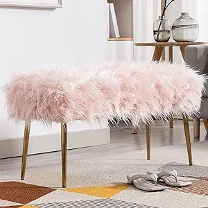CIMOO Pink Faux Fur Ottoman Bench Upholstered Bedroom Furry Entryway Bench Long Hair Stool with M... | Amazon (US)