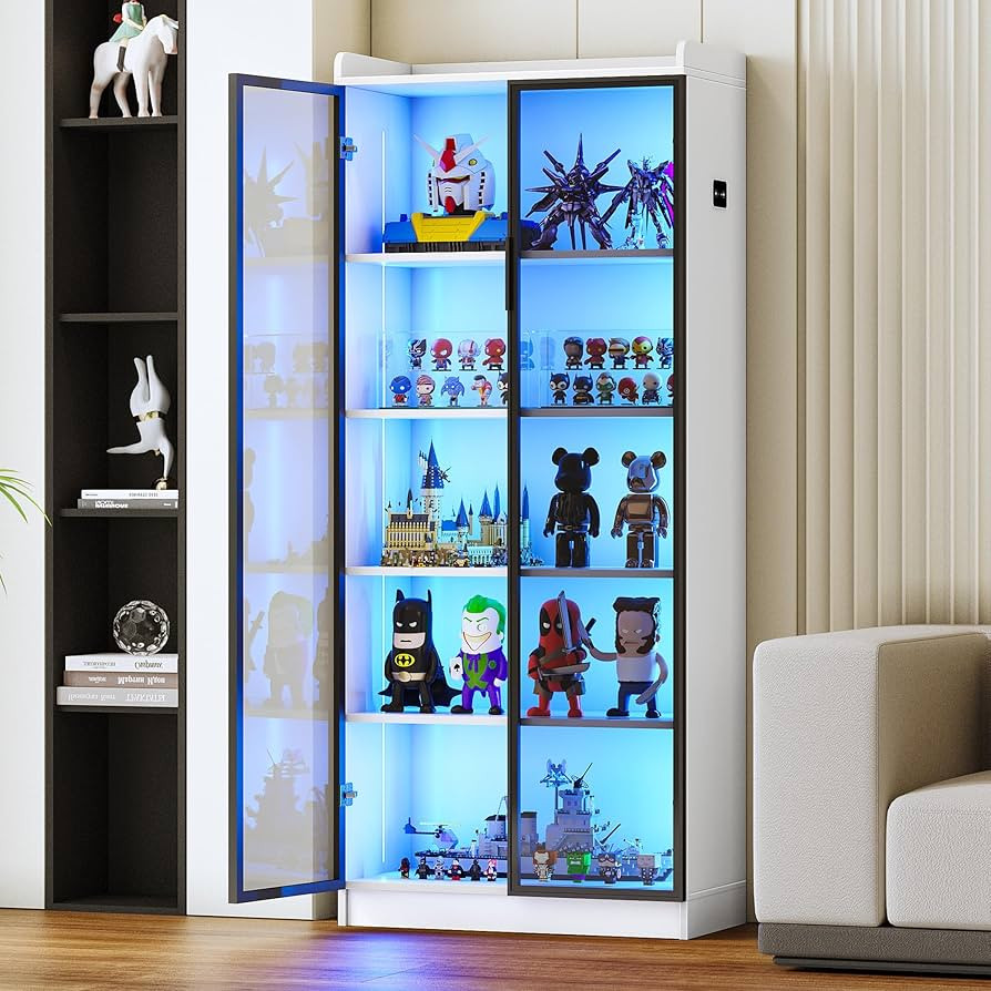 65" Display Cabinet with Acrylic Glass Door, LED Bookcase with Human Sensor 3-Color Lights, 5-Tie... | Amazon (US)