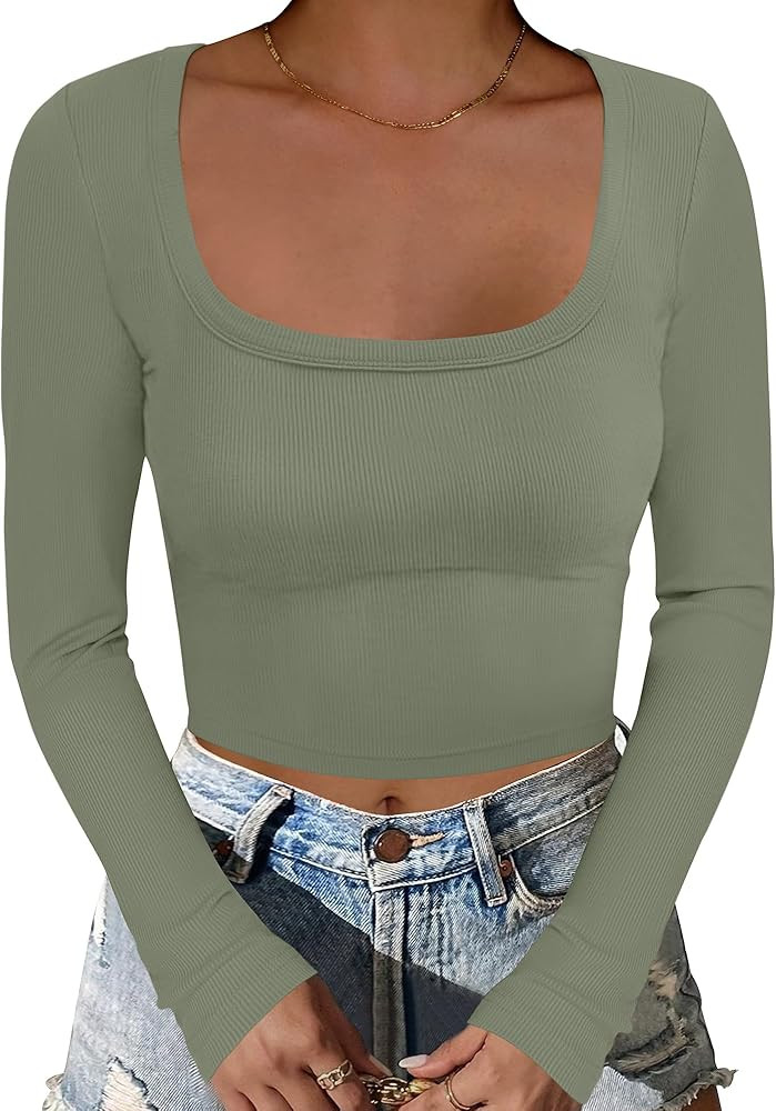 ANRABESS Women's Long Sleeve Square Neck Crop Top Ribbed Slim Fitted Basic Tee Layer Y2K Shirts F... | Amazon (US)