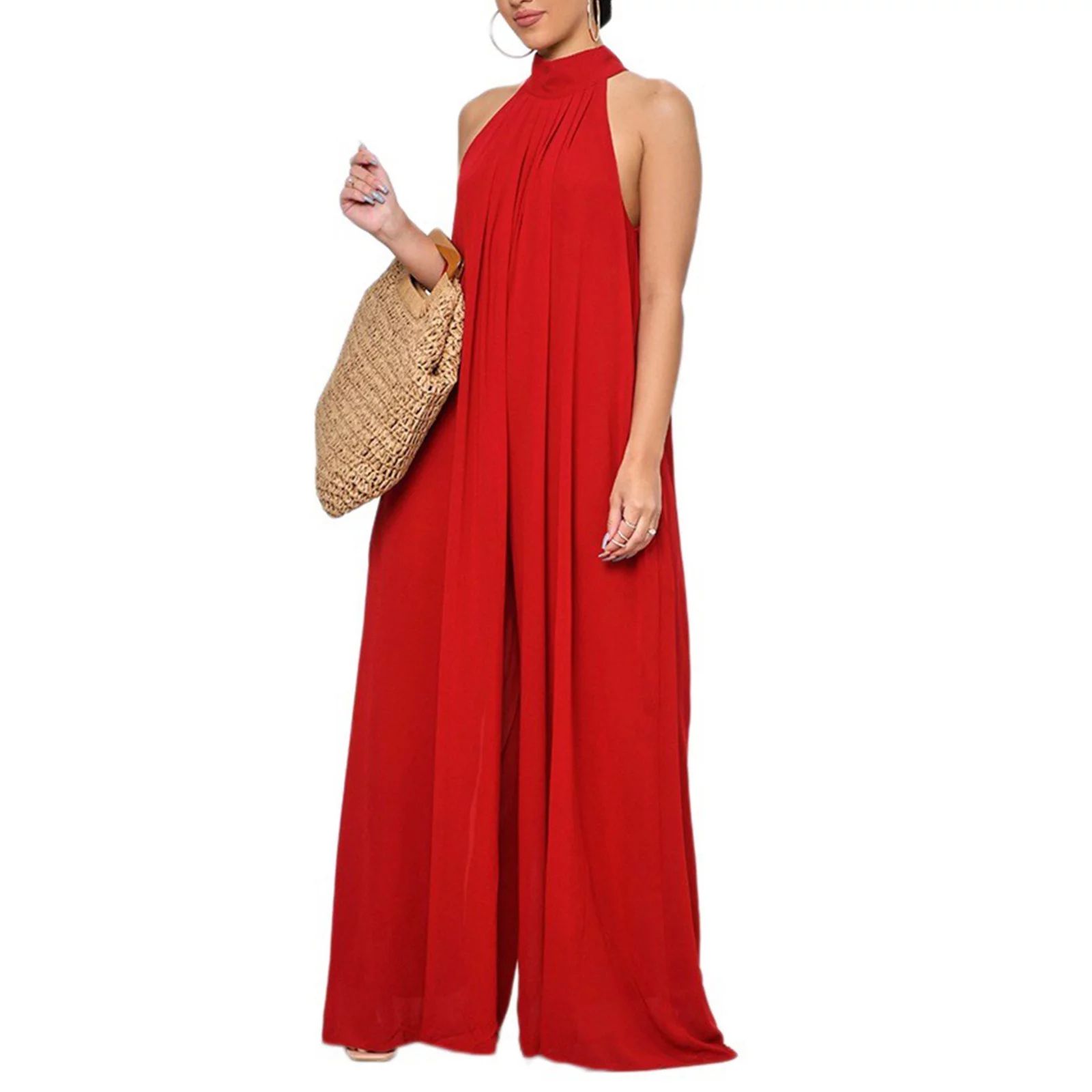 Reduce! Plus Size MIARHB Women's High Neck Sleeveless off Shoulder Wide Leg Jumpsuit Red XL | Walmart (US)