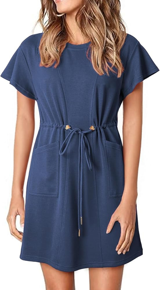 EVALESS Womens Spring Summer Dresses 2026 Casual Round Neck Ruffle Short Sleeve Flowy A Line Mini... | Amazon (US)