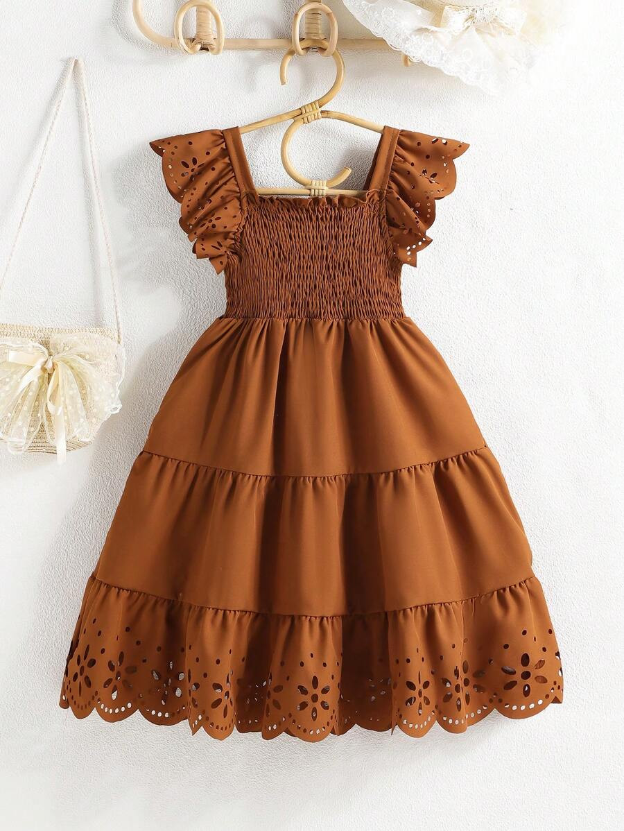 SHEIN Young Girl Eyelet & Ruffle Trimmed Smocked Bodice Dress | SHEIN