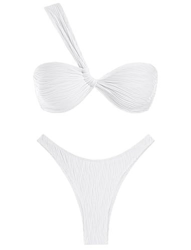 ZAFUL Women's One Shoulder Bikini Twisted Ruched High Cut Bandeau Bikini Set Two Piece Swimsuit | Amazon (US)