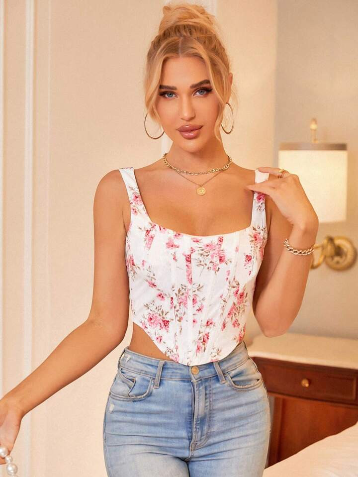 PARTHEA Floral Print Hanky Hem Zip Back Corset Tank Top | SHEIN