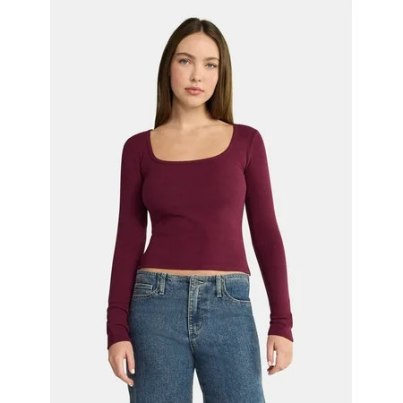 No Boundaries Square Neck Tee with Long Sleeves, Women's | Walmart (US)