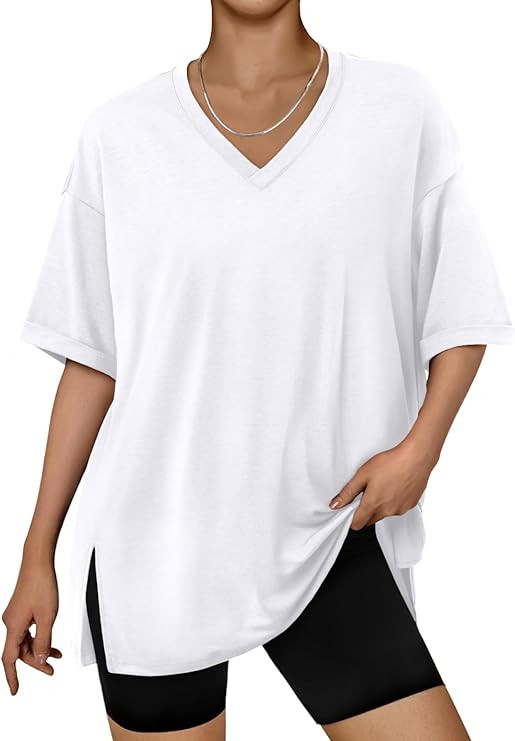 Trendy Queen Plus Size Oversized V-Neck Tshirt Breathable Elastic Fabric Tunic for Workout Gym Ca... | Amazon (US)