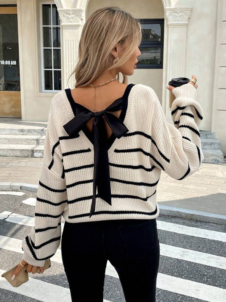 Serisse Tie Back Drop Shoulder Back Band Sweater Women Casual Striped Knot Back Drop Shoulder Long Sleeve Sweater Fall Sweaters Warm Clothes Winter Sweater Women Sweaters,Long Sleeve Tops,Knitted Sweater | SHEIN