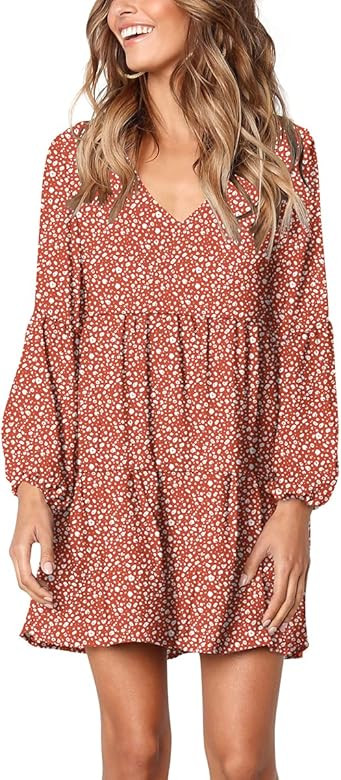 FOWSMON Women's Tunic Dress Cute Printed V Neck Long Sleeve Casual Swing Ruffle Dress | Amazon (US)