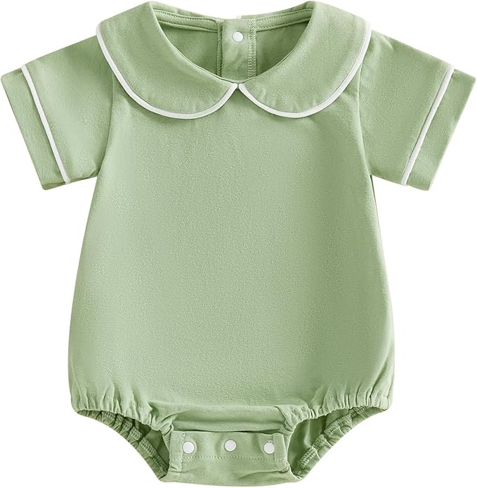 Newborn Baby Boy Girl Clothes Short Sleeve Solid Bubble Romper Doll Collar Bodysuit Shirt Summer ... | Amazon (US)